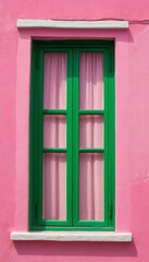 green window with white sill on pink wall. Summer bright colors, retro vintage