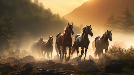 Group of Wild Horses, Mountain Landscape
