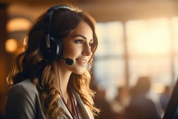 Call-center operator in action: providing exceptional customer service, wearing a headset, and managing inquiries with efficiency and professionalism. - obrazy, fototapety, plakaty