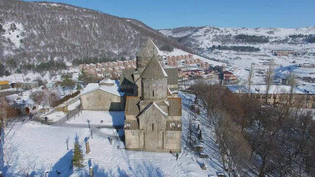 Kecharis Monastery and Ripa Sanatorium in mountains at winter