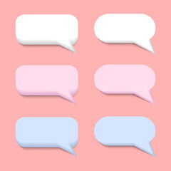 3D empty speech bubbles with straight sides and rounded corners, white, pink and blue, isolated on a pastel background. Chat, message and dialogue symbol. Vector illustration