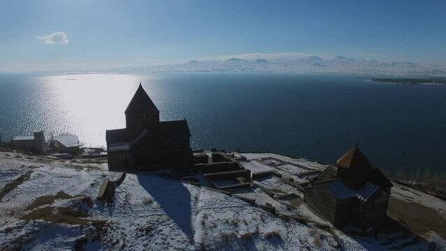 Sevan Monastery and Astvatsatsin Church on hill near Sevan Lake