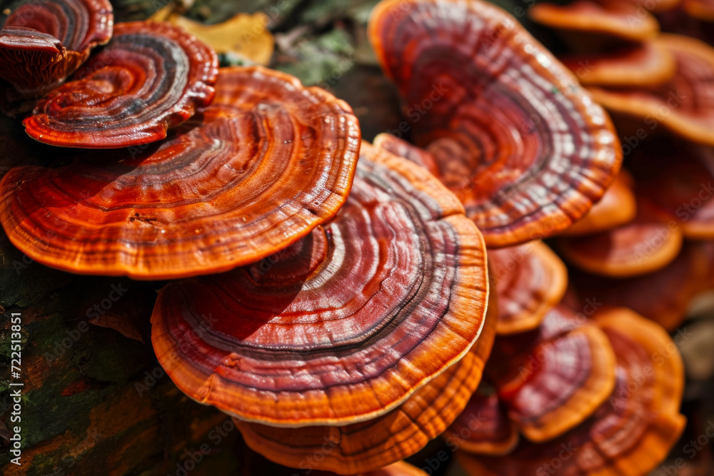 Poster flat mushrooms. background with selective focus and copy space