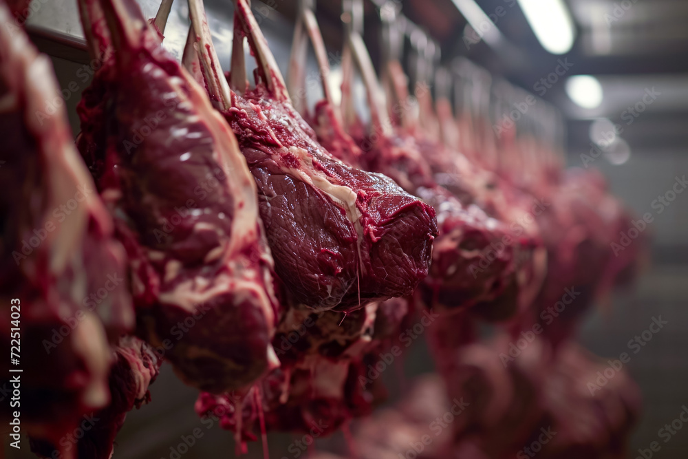 Poster meat processing plant or meat production factory. background with selective focus and copy space