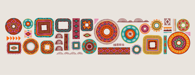 African pattern elements, symbols, icons. Colorful tribal, Aztec, African, Indian hand drawn lines, elements, circles. Concept illustrations collection - obrazy, fototapety, plakaty