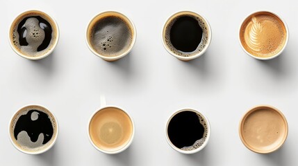 Set of paper take away cups of different black coffee isolated on white background, top view - obrazy, fototapety, plakaty