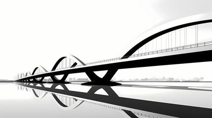 Architectural black and white line drawing of a bridge, emphasizing the structural elements and clean lines in a minimalist style