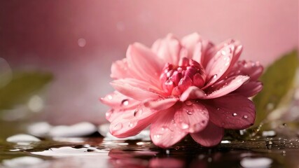 pink flower with water droplets copy space