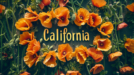 California flat lay with state flower poppies - obrazy, fototapety, plakaty