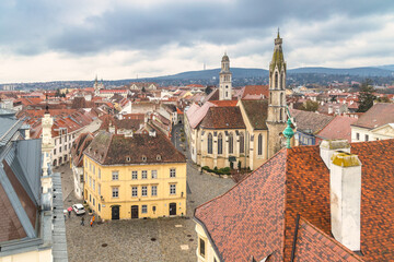 The Main Square in Sopron town, top view from the Firewatch Tower, Hungary, Europe.