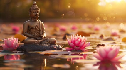 Zen Buddha Statue with Lotus Flower at Sunset