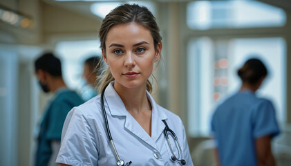 young female doctor wearing stethoscope with nurse background