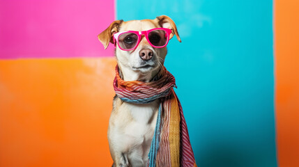 Fototapeta premium dog sunglasses and scarf in studio with a colorful and bright background.A funny dog. Generative Ai