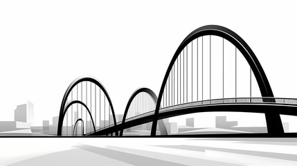 Architectural black and white line drawing of a bridge, emphasizing the structural elements and clean lines in a minimalist style