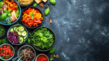 Assortment Of Healthy Food Dishes. Top View. Free.