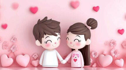 a couple standing next to each other in front of a pink wall with hearts and flowers on the wall behind them.