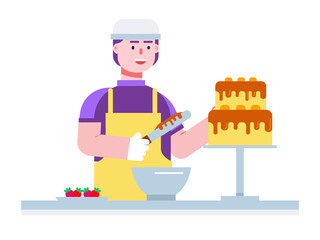 Patissier is making and preparing tart cake. Dessert vector illustrations.