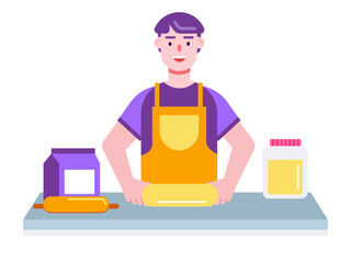 Man baking homemade cake. Dessert vector illustrations.