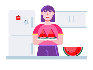 Mom is preparing watermelon for dessert. Dessert vector illustrations.