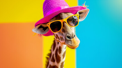 Cute Giraffe sunglasses and summer hat in studio with a colorful and bright background Generative Ai