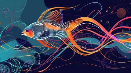  a painting of a fish with colorful lines coming out of it's mouth and a wave coming out of it's mouth.