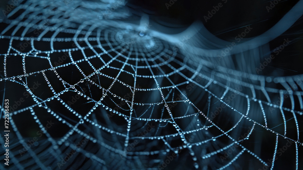 Wall mural a close up of a spider web on a black background with a blurry image of the spider's web.