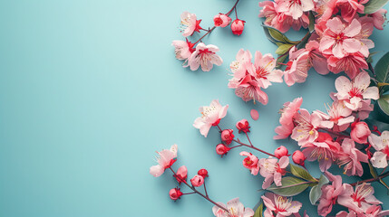 Flat lay spring pink flowers on a branch. Blue background graphic banner with copyspace