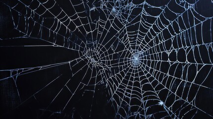  a close up of a spider's web with water droplets on the spider's web, on a dark background.