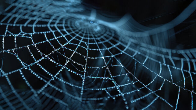  a close up of a spider web on a black background with a blurry image of the spider's web.