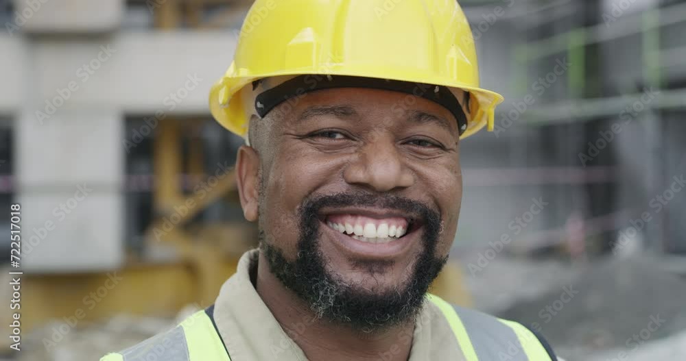 Poster face, construction or happy black man with confidence or smile for architecture or building. enginee