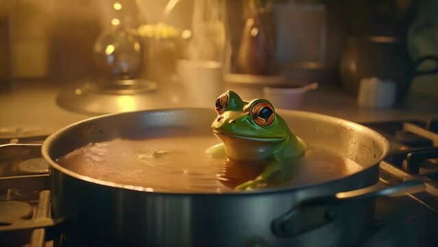 An enchanted frog prince from a fairy tale, being boiled in a pot or cauldron, submerged in water with smoke around. Metaphor of the passivity of a toad being cooked slowly