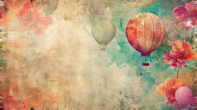  a painting of hot air balloons and flowers on a grungy background with space for a text or image.