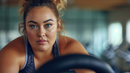 beautiful overweight woman in sportswear on an exercise bike in a fitness club, losing weight, active lifestyle, sport, fat girl, people, portrait, gym