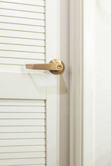 Copper door handle on a white wooden door.Door handles elements close up