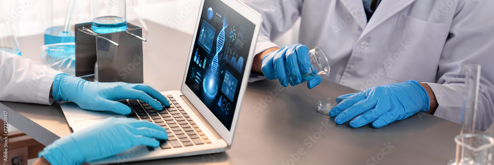 Poster dedicated scientist group working on advance biotechnology computer software to study or analyze dna