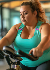 Fototapeta na wymiar beautiful overweight woman in sportswear on an exercise bike in a fitness club, losing weight, active lifestyle, sport, fat girl, people, portrait, gym