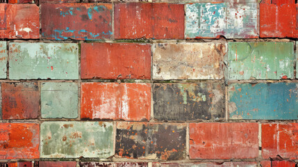  a close up of a brick wall that has been painted red, green, blue, and brown with rust stains.