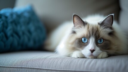 A beautiful Ragdoll Cat indoors lounging on a sofa with it's bright blue eyes staring at the camera