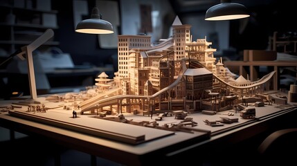 Architectural model on a designer's desk, showcasing precision and creativity in miniature form