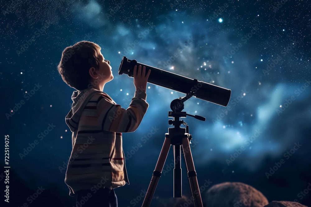 Poster boy in the dark of the night with a telescope. noise as an artistic technique. background with selec