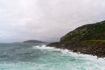 Panoramic view of the sea storm off the coast of Baiona. The Atlantic Ocean hits the coastline. Galicia - Spain