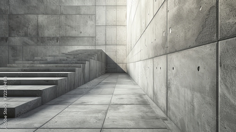 Poster a monochrome composite material staircase ascends with perfect symmetry against the concrete walls o