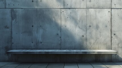 A sleek concrete bench sits stoically in front of a towering grey wall, its composite material blending seamlessly with the wooden and stone elements of the park, creating a modern outdoor oasis on t