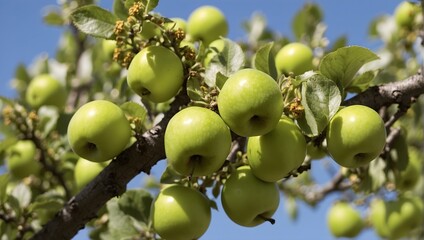 Close-up of a branch on an apple tree, with ripe green apples and a bee pollinating. generative AI