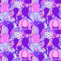 Cartoon doodle seamless Halloween pumpkins and cat and monsters pattern for wrapping paper and fabrics