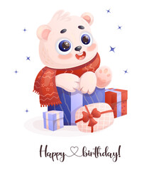 Happy polar bear cub with gift boxes. Greeting card Happy birthday. Cartoon animal character. Vector illustration. Kids collection.