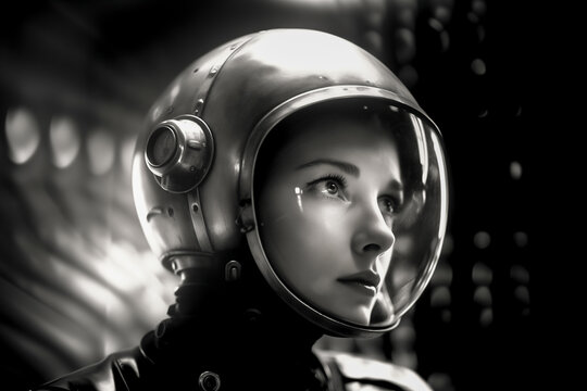1950's Atomic age portrait of model as astronaut wearing sci-fi style space suit and helmet in preparation for experimental interstellar travel to the moon and beyond.	 - Powered by Adobe