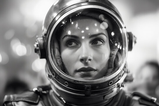 1950's Atomic age portrait of model as astronaut wearing sci-fi style space suit and helmet in preparation for experimental interstellar travel to the moon and beyond.	 - Powered by Adobe