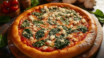 spinach and feta pizza with a golden crust, tangy tomato sauce, creamy feta cheese, tender spinach leaves, and a dusting of grated Parmesan - Powered by Adobe