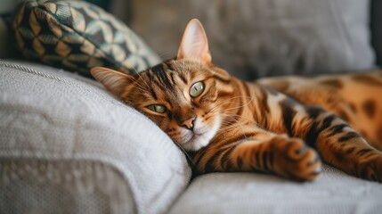 A beautiful Bengal Cat indoors lounging on a sofa with copy space - obrazy, fototapety, plakaty